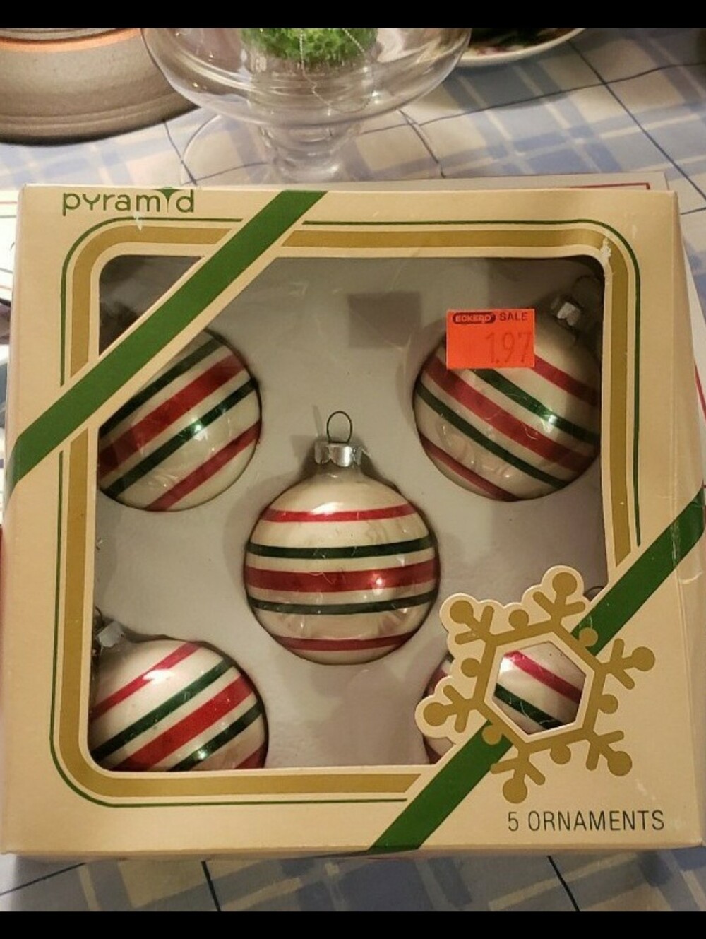 Vintage Pyramid Red & Green Striped Glass Christmas Balls